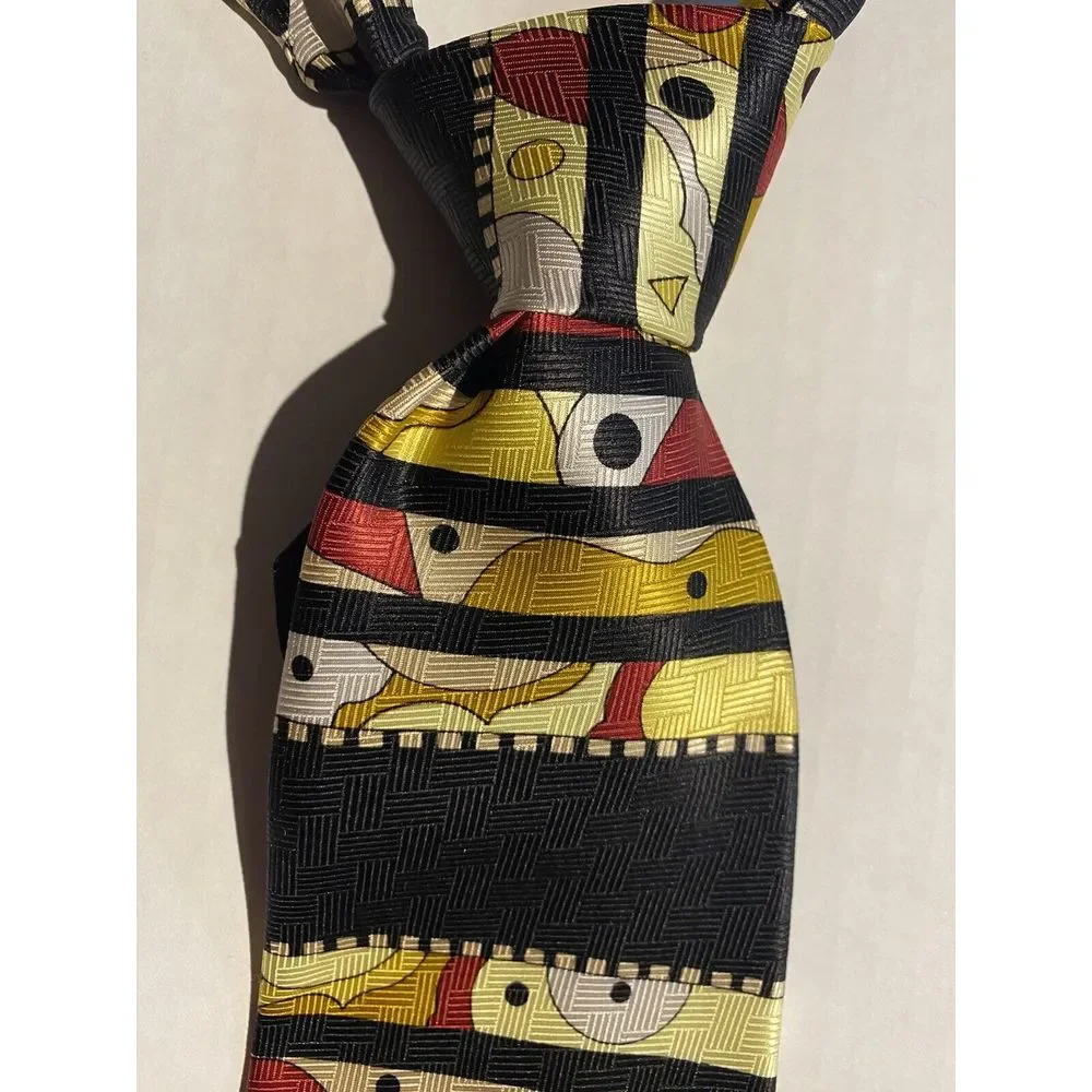 Roberta Collection Men's 100% Silk Tie Yellow/Black/Red Abstract‎ Made In Italy